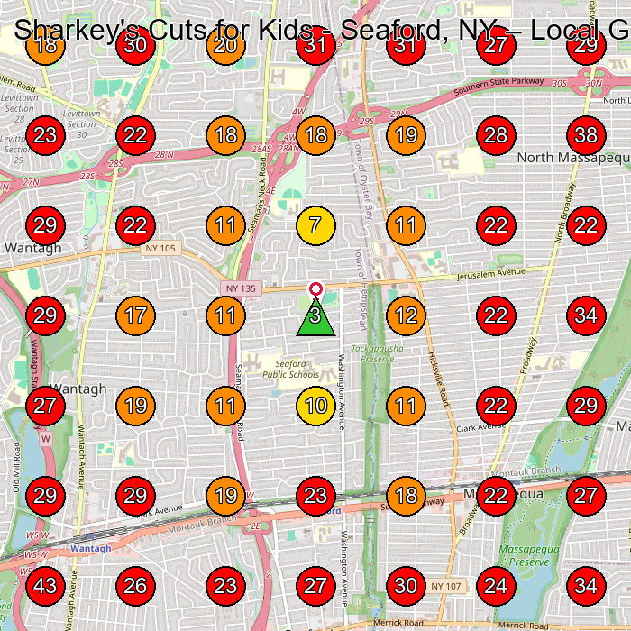 Sharkey's Cuts for Kids - Seaford, NY GeoGrid visibility map for Hair Salon in Seaford